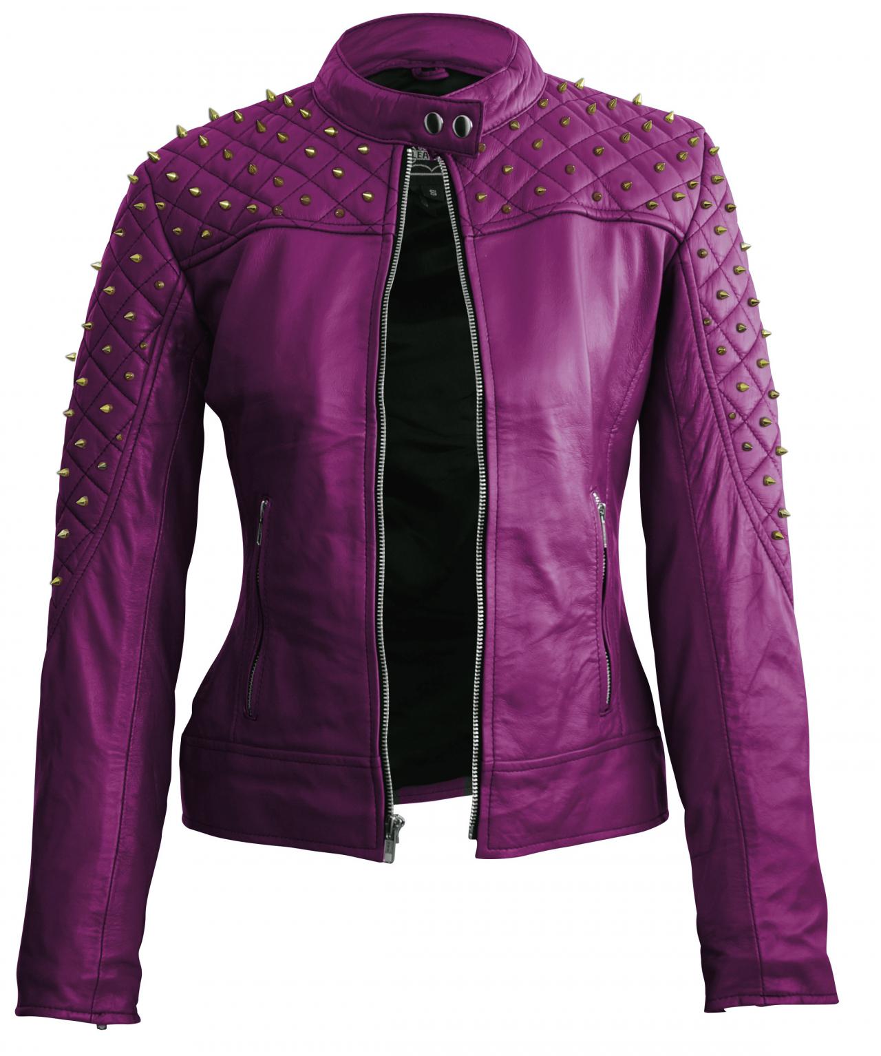 Leather Skin Women Purple Gold Studded Studs Leather Jacket on Luulla