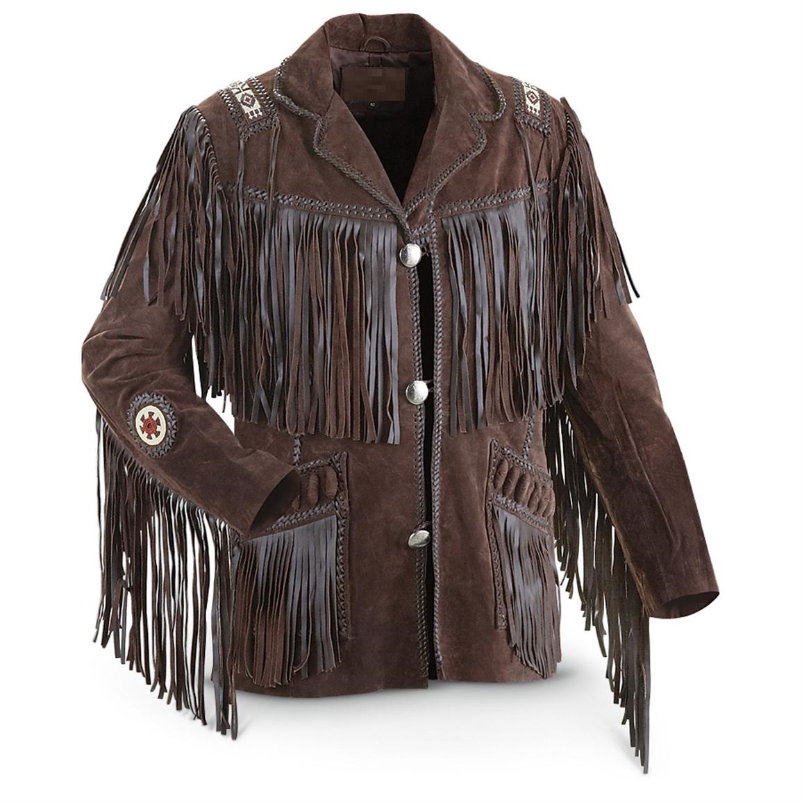 Leather Skin Men Western Brown Suede Cowboy Leather Jacket With Leather