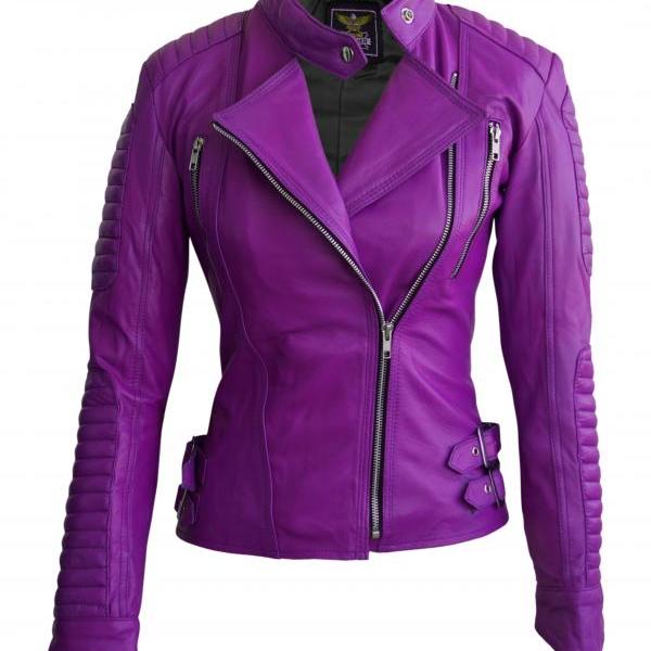 Leather Skin Women Purple Brando Quilted Leather Jacket on Luulla